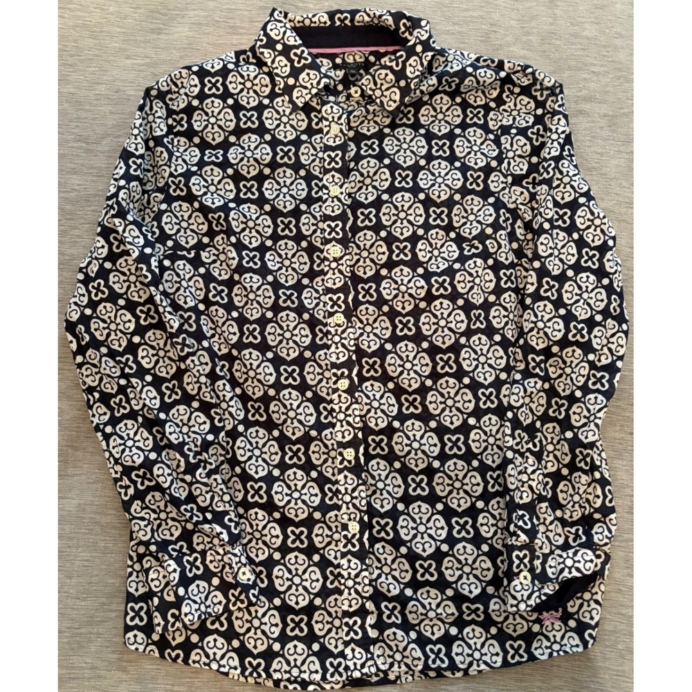 Talbots Navy White Floral Geometric Button Down Shirt Women